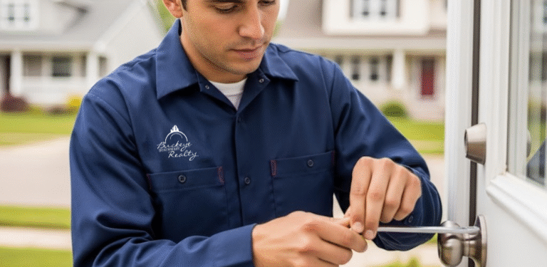 Buckeye Northwest Realty maintenance technician performing a proactive repair on a Toledo rental home door.