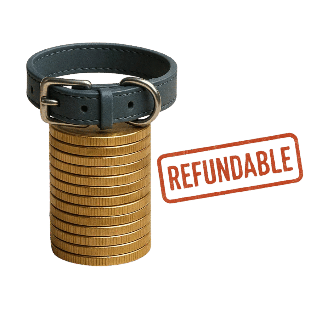 Stack of gold coins wrapped with a dog collar and a red 'Refundable' stamp, symbolizing a refundable pet deposit.