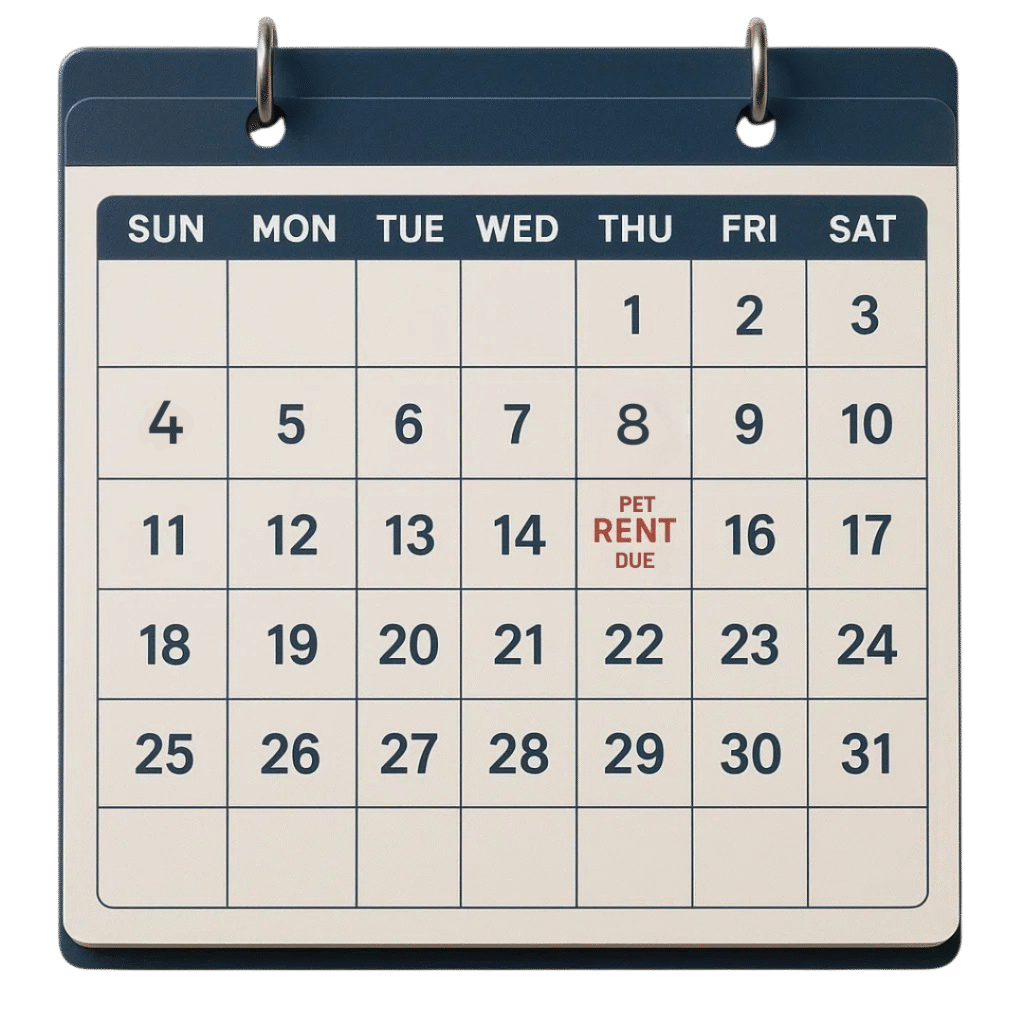 Monthly calendar with the 8th marked in red as 'Pet Rent Due.