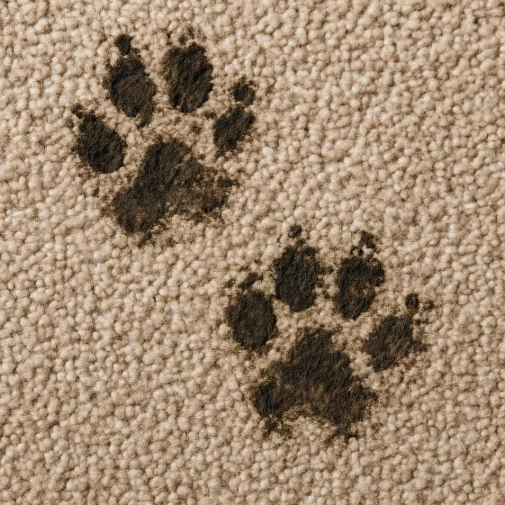 Two muddy paw prints on beige carpet, showing potential pet-related damage.