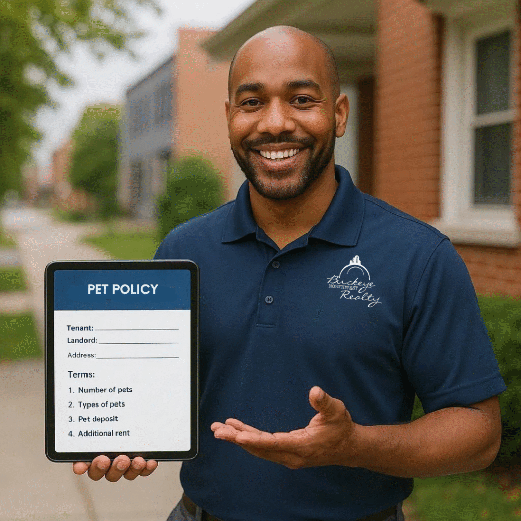 Smiling Buckeye Northwest Realty agent holding a tablet displaying a pet policy form.