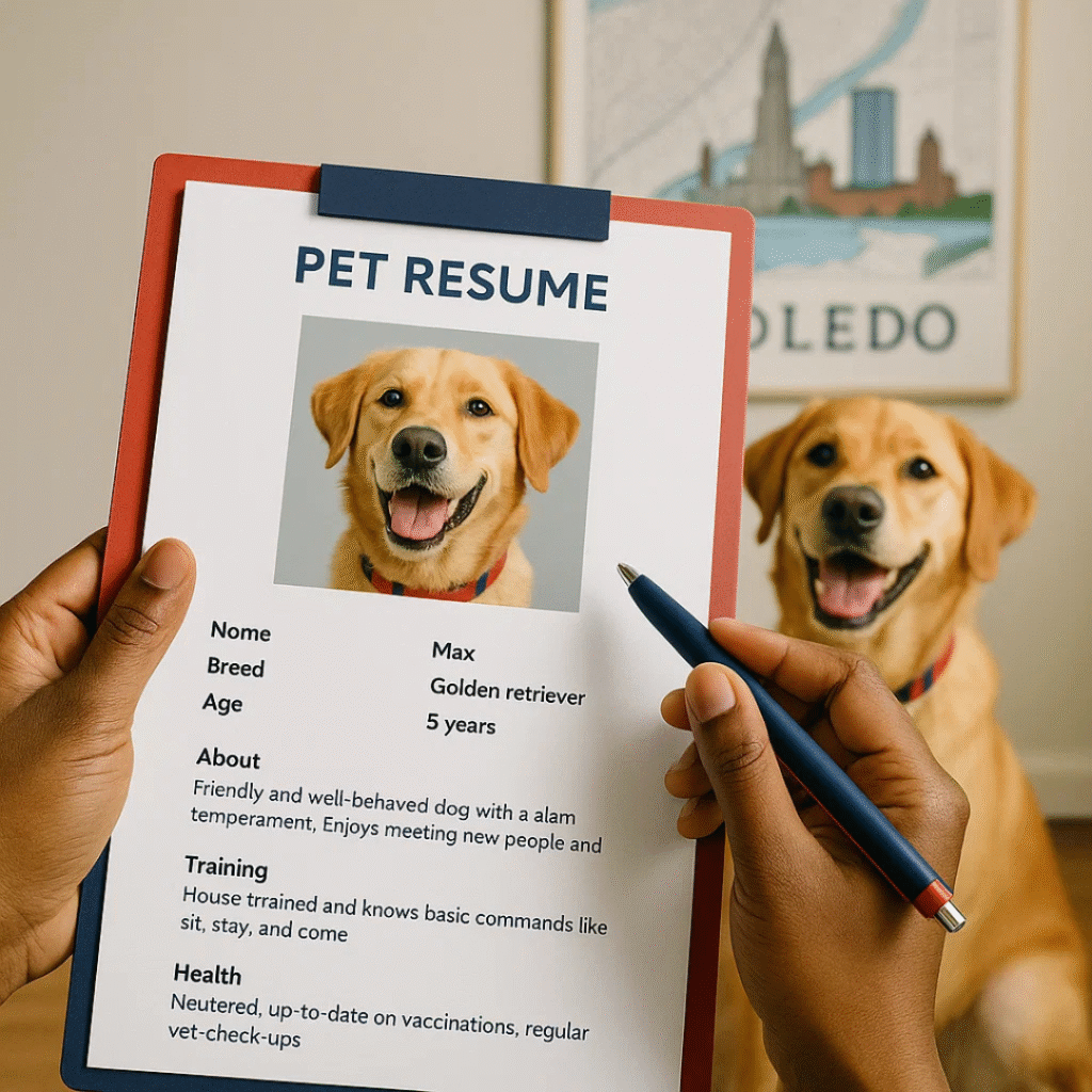 Hands holding a clipboard with a pet resume for a golden retriever named Max, with the dog in the background.