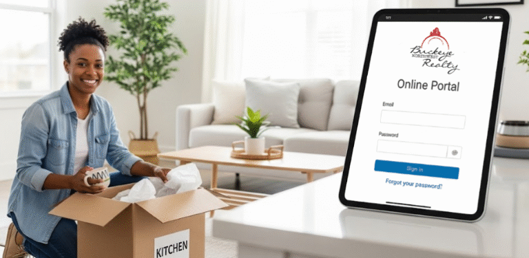 Happy woman unpacking in her new home with the Buckeye Northwest Realty online portal visible on a tablet.