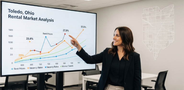 Businesswoman presenting Toledo, Ohio rental market analysis with rent prices and vacancy rate trends on a screen.