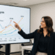 Businesswoman presenting Toledo, Ohio rental market analysis with rent prices and vacancy rate trends on a screen.