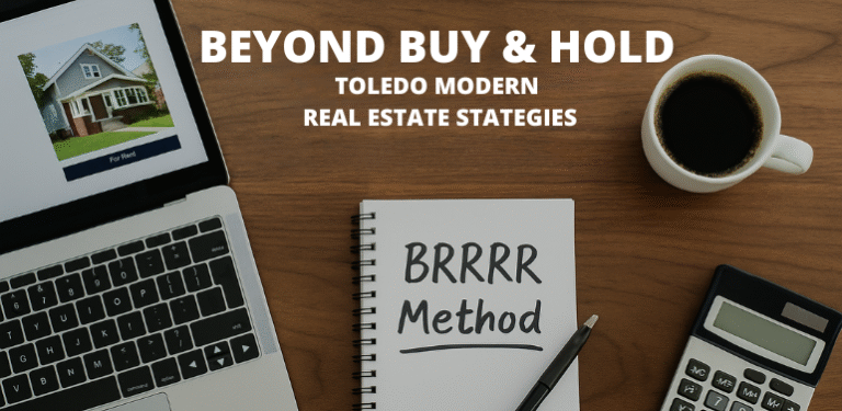 A desk with a laptop showing a "For Rent" listing, a notebook with "BRRRR Method" written on it, a coffee cup, and a calculator, illustrating modern real estate investment strategies.