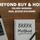 A desk with a laptop showing a "For Rent" listing, a notebook with "BRRRR Method" written on it, a coffee cup, and a calculator, illustrating modern real estate investment strategies.