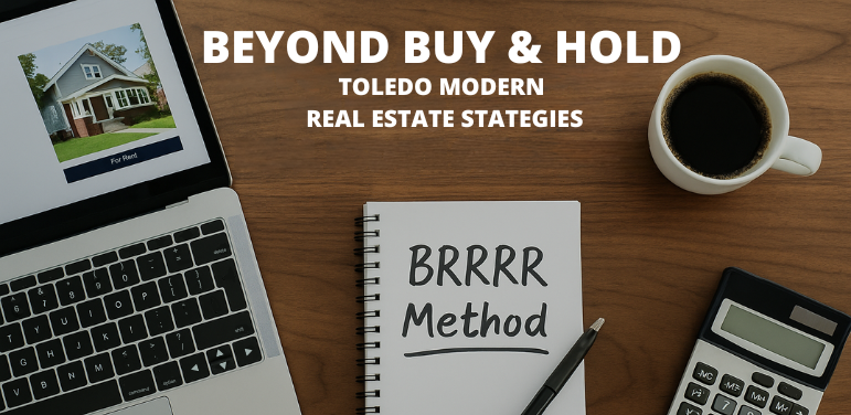 A desk with a laptop showing a "For Rent" listing, a notebook with "BRRRR Method" written on it, a coffee cup, and a calculator, illustrating modern real estate investment strategies.