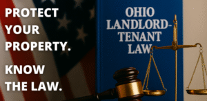 Close-up of a gavel, legal scale, and an Ohio Landlord-Tenant Law book in front of an American flag, with the text “Protect Your Property. Know the Law.” overlaid on the left.