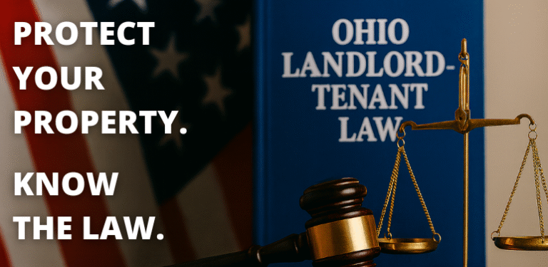 Close-up of a gavel, legal scale, and an Ohio Landlord-Tenant Law book in front of an American flag, with the text “Protect Your Property. Know the Law.” overlaid on the left.