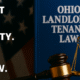Close-up of a gavel, legal scale, and an Ohio Landlord-Tenant Law book in front of an American flag, with the text “Protect Your Property. Know the Law.” overlaid on the left.