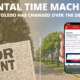 Split-screen graphic comparing Toledo rentals over time. The left side shows a vintage newspaper classified ad for rentals, while the right side shows a modern smartphone displaying Buckeye Northwest Realty’s rental listings.