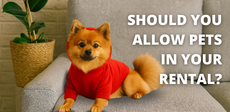 A Pomeranian dog in a red hoodie on a gray couch with the article title 'Should You Allow Pets in Your Rental?' overlaid on the image.