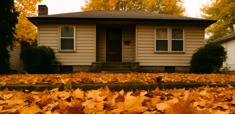 House in the fall with orange leaves on the ground, showing it is fall time.