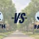 A suburban street with a large graphic overlay that says 'Myth vs. Fact', representing a guide to debunking common renter misconceptions.