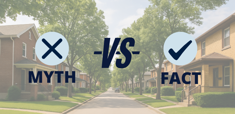 A suburban street with a large graphic overlay that says 'Myth vs. Fact', representing a guide to debunking common renter misconceptions.
