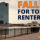 Toledo waterfront in fall with skyline buildings, overcast sky, and bright orange leaves decorating the border, promoting fall tips for local renters.
