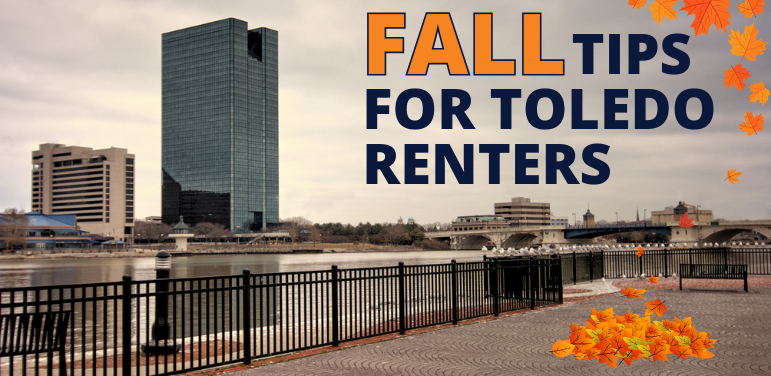 Toledo waterfront in fall with skyline buildings, overcast sky, and bright orange leaves decorating the border, promoting fall tips for local renters.