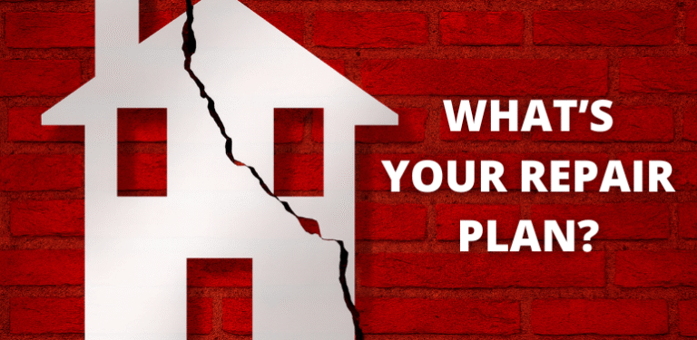 A red brick wall with a white house silhouette cracked down the middle, featuring the bold text “What’s Your Repair Plan?” on the right side.