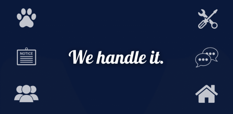 Navy blue graphic with six light gray icons representing property management tasks—pet policy, legal notices, tenant communication, repairs, community management, and housing. Centered text reads: "We handle it."