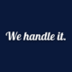 Navy blue graphic with six light gray icons representing property management tasks—pet policy, legal notices, tenant communication, repairs, community management, and housing. Centered text reads: "We handle it."