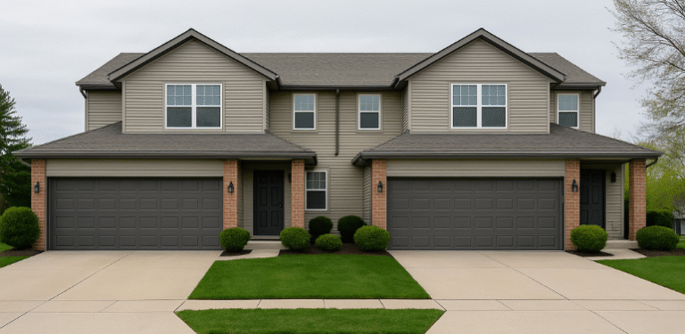 A landscape photograph of a modern duplex taken during daytime, featuring two attached homes with matching exteriors, driveways, and well-maintained landscaping.