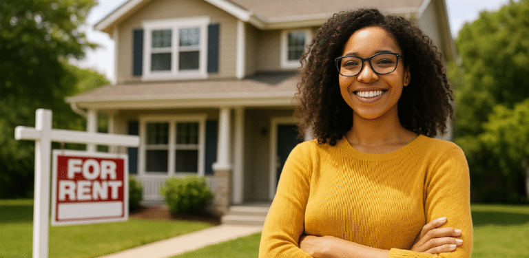 Young woman smiling outside a rental home with a "For Rent" sign in the front yard.