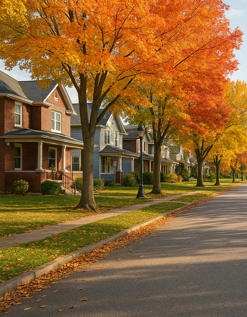 Tree-lined residential street in North Toledo, Ohio, with charming Midwestern homes, autumn leaves, and parked cars on a quiet suburban road.