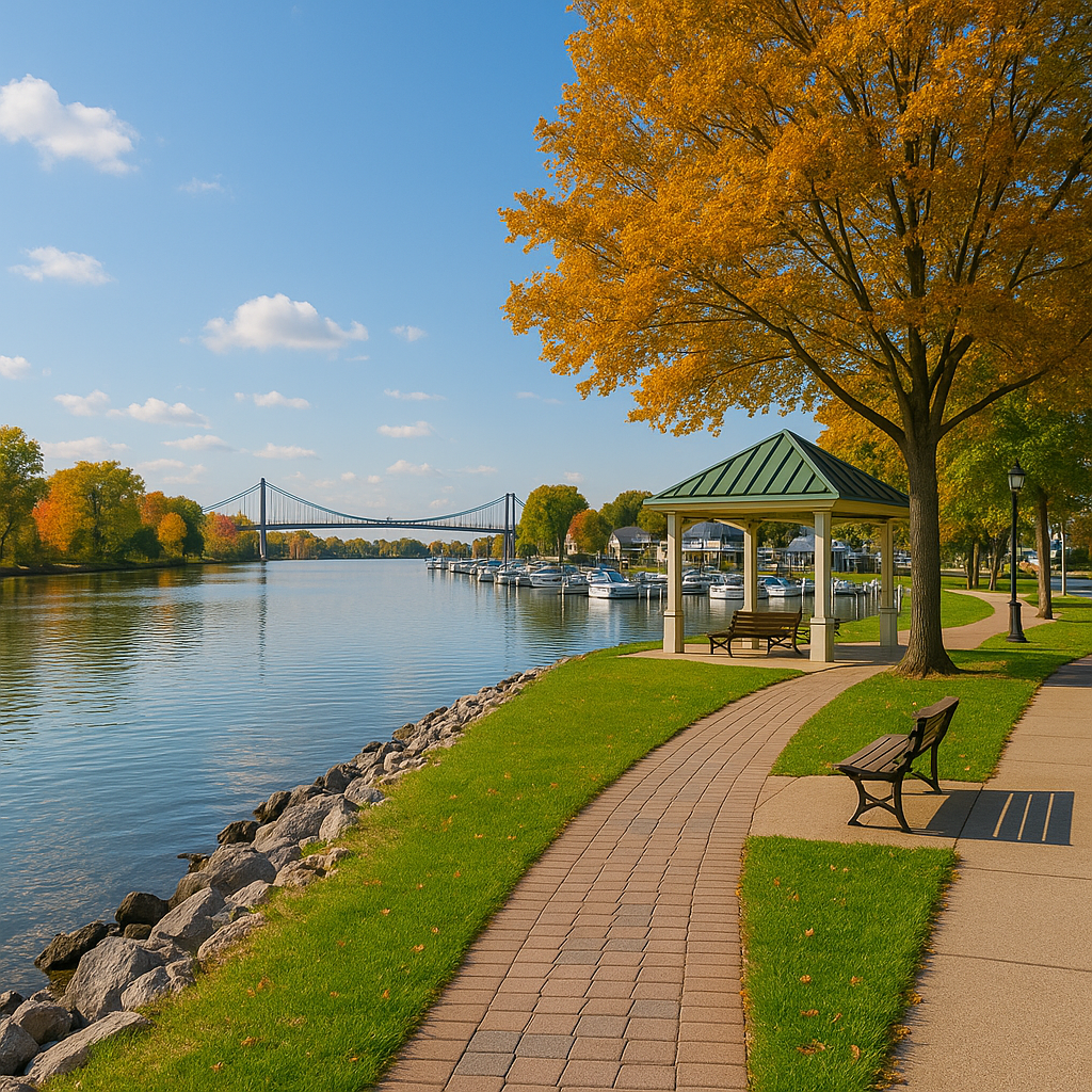Scenic view of Point Place and the North River area in Toledo, Ohio, featuring a marina, boats, and a tree-lined walkway along the Maumee River on a bright autumn day.