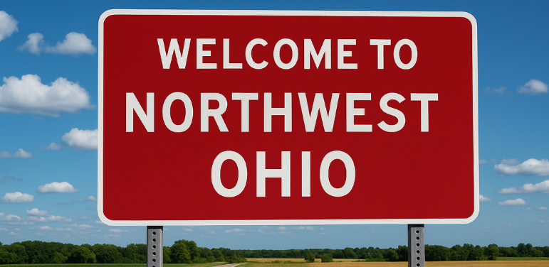 A red highway sign reading "Welcome to Northwest Ohio" stands against a bright blue sky with scattered clouds, symbolizing entry into the region.