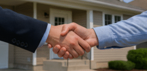 Hands holding a tablet with an upward financial graph in front of a blue and red duplex, symbolizing multi-unit investment growth in Toledo.