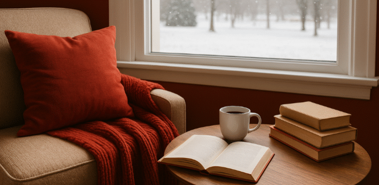 Cozy winter reading nook with a red blanket, open book, and warm coffee by a snowy window.