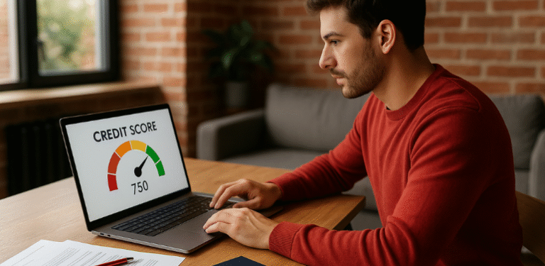 Young Toledo renter reviewing an improving 750 credit score on a laptop in a modern apartment.