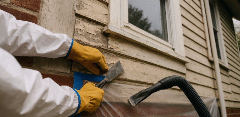 Close-up photo of a worker wearing protective gloves scraping peeling paint from an older Toledo home exterior using lead-safe preparation methods.