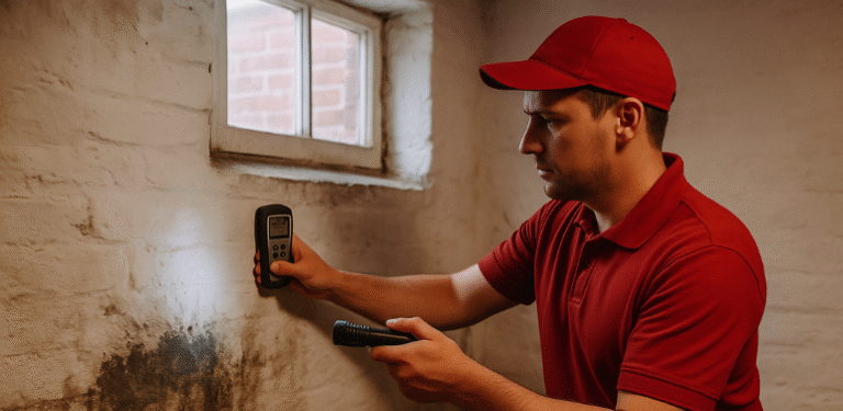 Maintenance technician in a red Buckeye Northwest Realty uniform inspecting a damp basement wall with a moisture meter and flashlight in an older Toledo home.