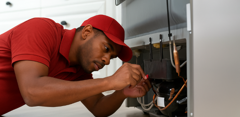 Maintenance technician in a red Buckeye Northwest Realty uniform lying on the floor to repair the back of a stainless steel refrigerator in a modern rental kitchen.