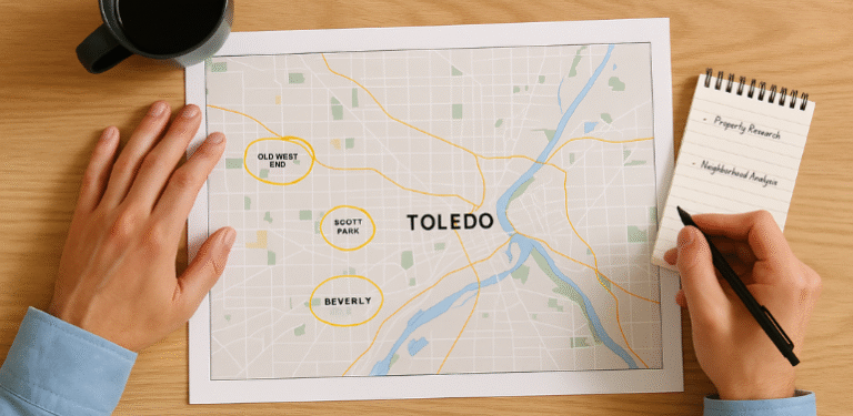 Overhead view of an investor reviewing a printed map of Toledo neighborhoods at a desk, with a tablet and notebook nearby.