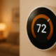 Close-up of a digital thermostat set to a warm temperature inside a Toledo rental home.