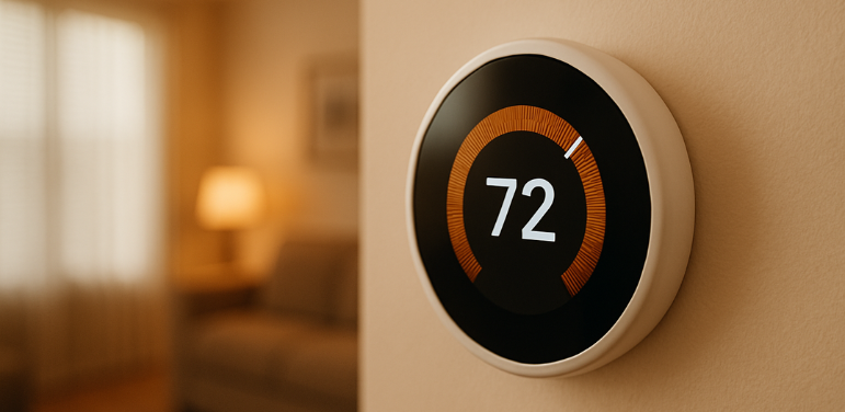 Close-up of a digital thermostat set to a warm temperature inside a Toledo rental home.