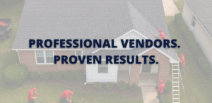 Aerial view of a well-maintained suburban rental property with six maintenance workers in red uniforms performing landscaping and exterior repairs. Text overlay reads: "Professional Vendors. Proven Results."