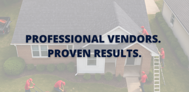 Aerial view of a well-maintained suburban rental property with six maintenance workers in red uniforms performing landscaping and exterior repairs. Text overlay reads: "Professional Vendors. Proven Results."