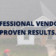 Aerial view of a well-maintained suburban rental property with six maintenance workers in red uniforms performing landscaping and exterior repairs. Text overlay reads: "Professional Vendors. Proven Results."