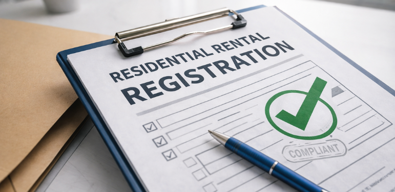 Clipboard with residential rental registration form marked compliant, representing Lucas County rental property registration requirements.