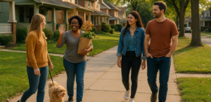 Neighbors walking and chatting along a residential Toledo street with early 20th-century homes, creating a welcoming and community-focused neighborhood scene.