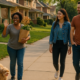 Neighbors walking and chatting along a residential Toledo street with early 20th-century homes, creating a welcoming and community-focused neighborhood scene.