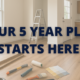 Interior renovation scene with new flooring, tools, paint samples, and the text “Your 5 Year Plan Starts Here” displayed across the room.