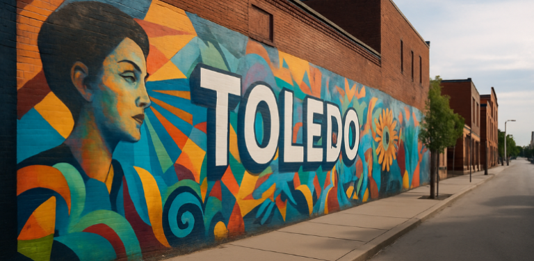 Colorful Toledo mural painted on the side of a historic brick building along a quiet sidewalk in downtown Toledo.