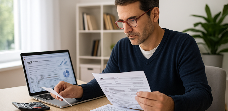 Property owner reviewing tax documents, receipts, and financial statements at a desk with a laptop displaying rental income reports.