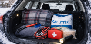 Open car trunk showing winter emergency essentials including a blanket, jumper cables, ice scraper, flashlight, and cat litter during a snowy Toledo winter.