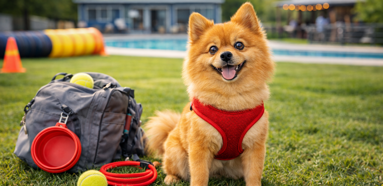 A fluffy orange Pomeranian wearing a red harness sits happily on green grass beside a gray backpack and red dog accessories, with a pool and agility course in the background.